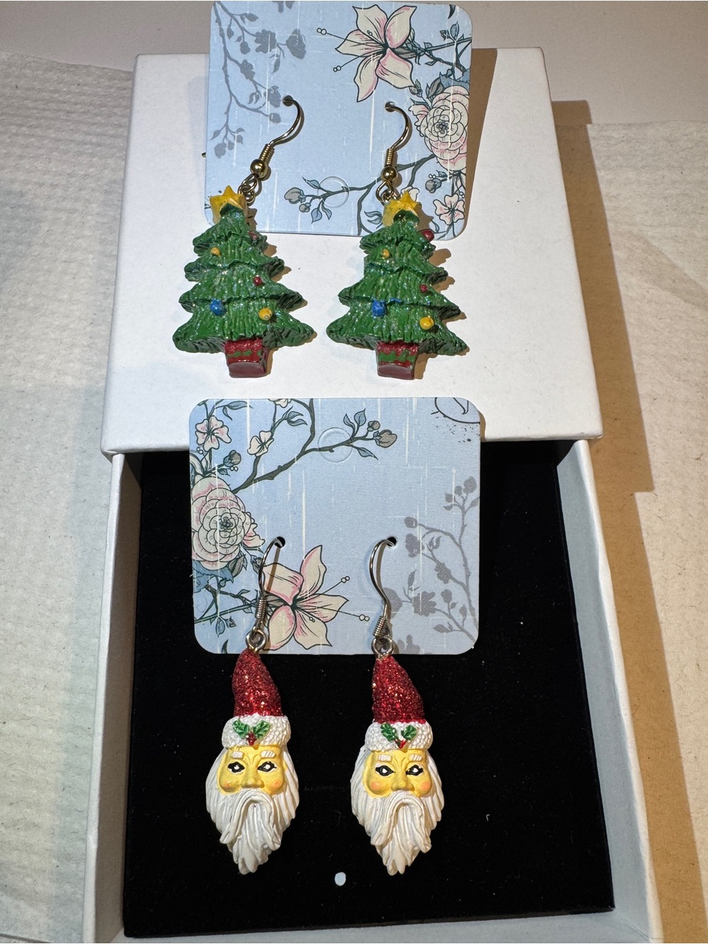Holiday Christmas Tree and Santa Drop Earrings - Green and Red